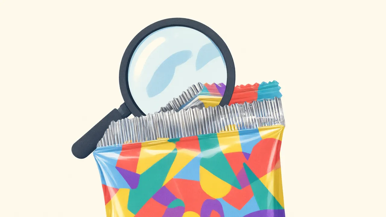 Illustration of a magnifying glass over the crimped seal of a foil card pack.