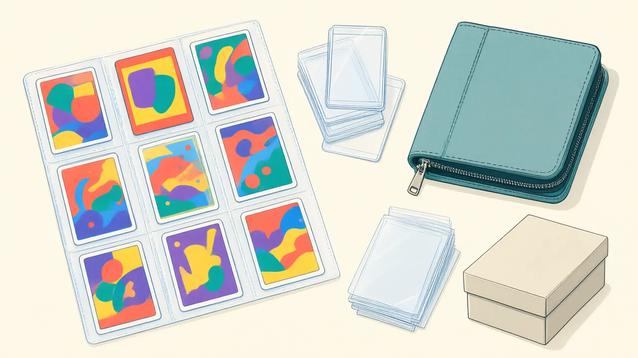 Illustration of a card page, a zippered portfolio, top loaders, sleeves and a storage box.