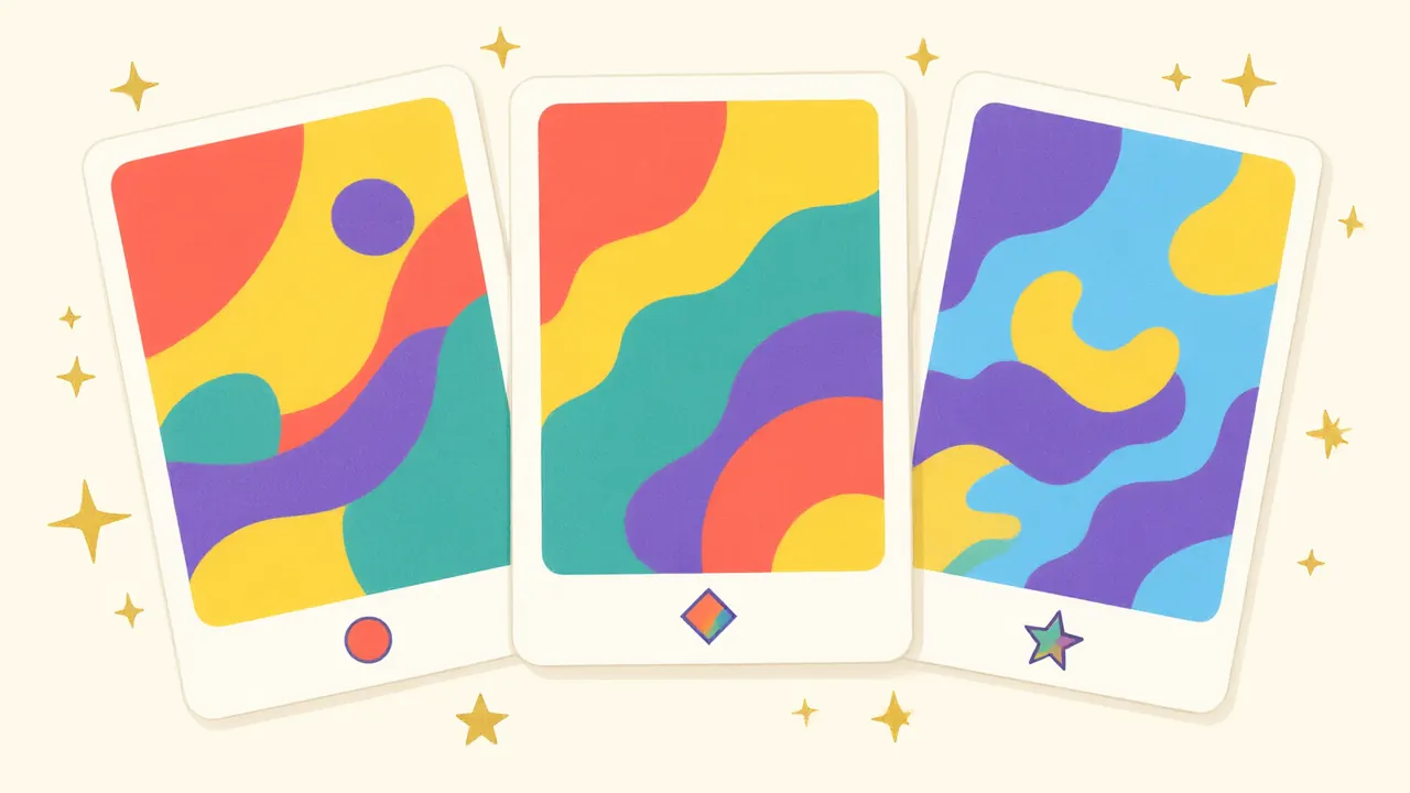 Illustration of three cards marked with a circle, a diamond and a star, surrounded by sparkles.