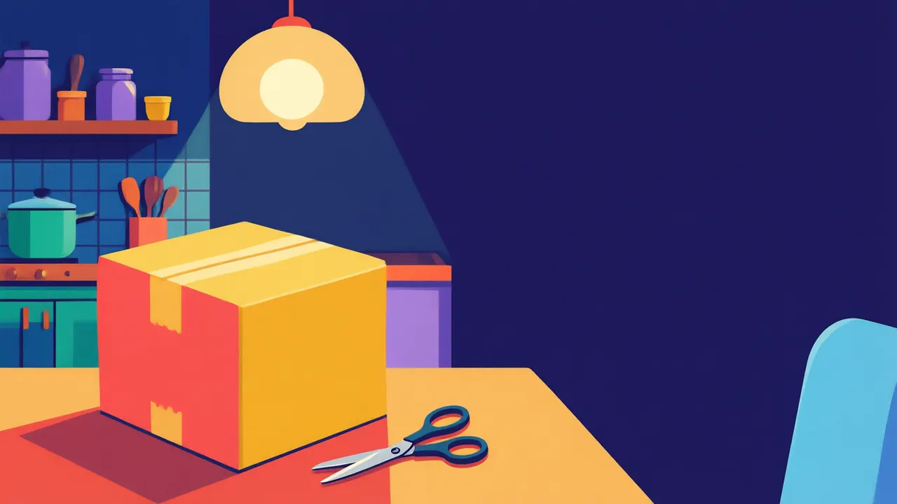Illustration of a closed cardboard box on a kitchen table at night, under a warm lamp.