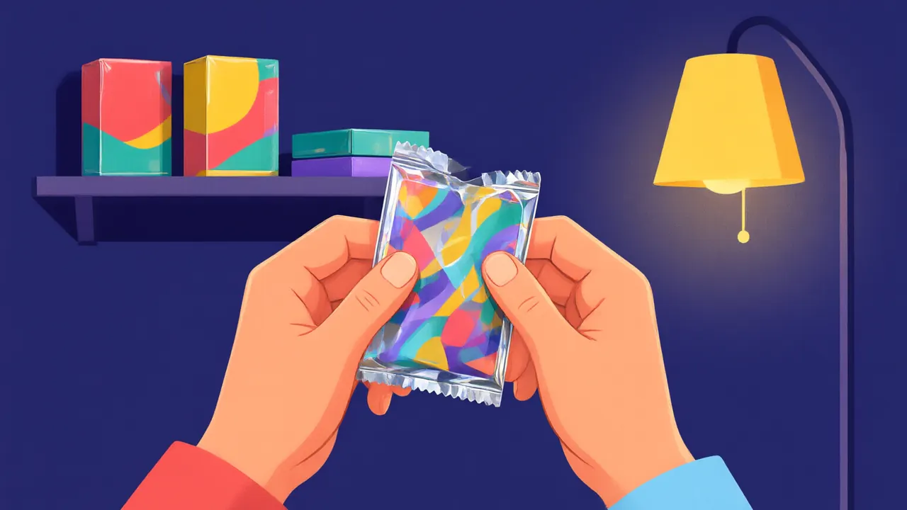 Illustration of two hands holding an unopened foil card pack, with sealed boxes on a shelf behind.
