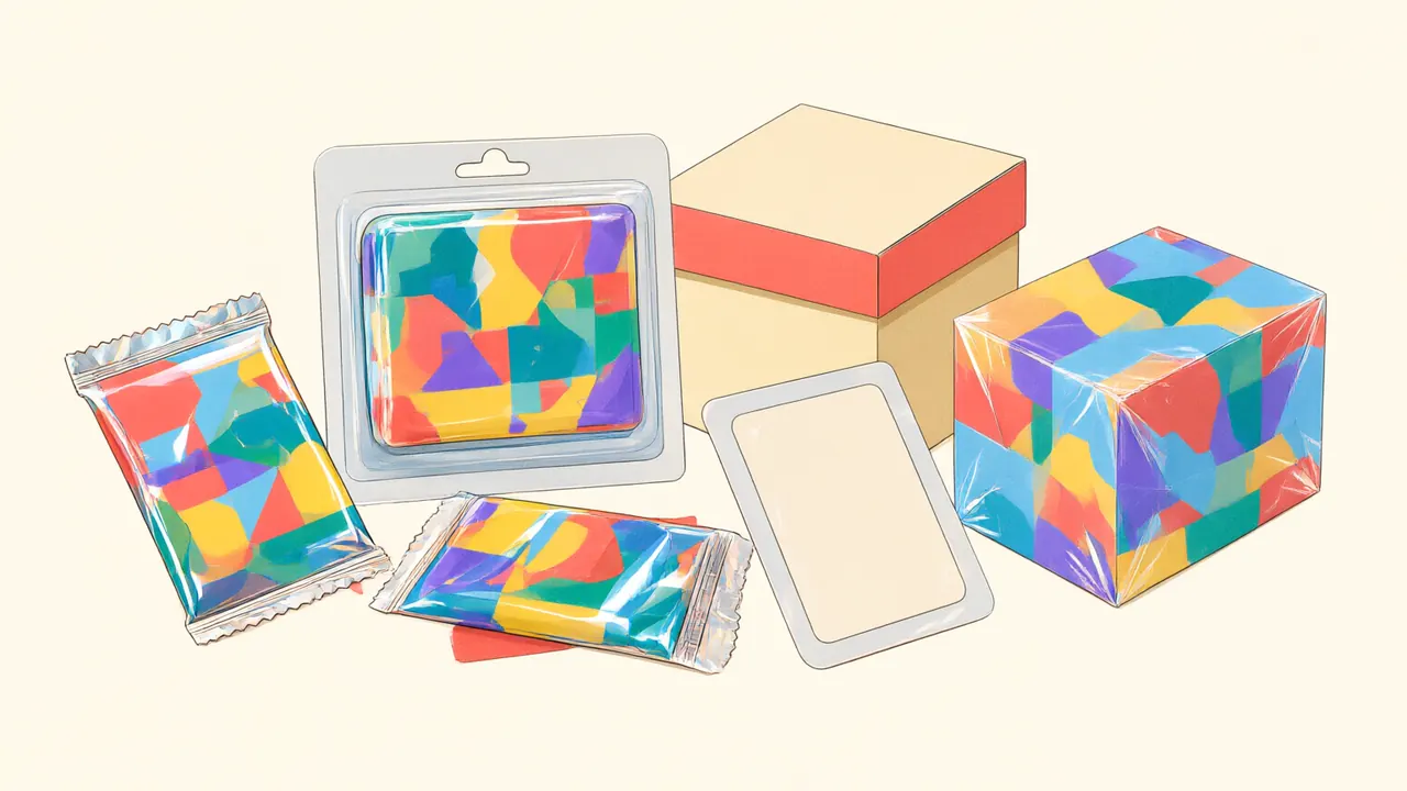 Illustration of colorful sealed card packs, a blister pack and two boxes.