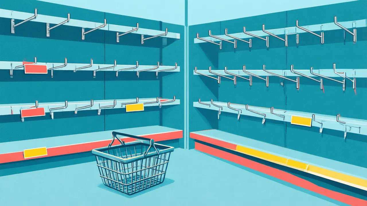Illustration of an empty store aisle with bare display pegs and a basket on the floor.