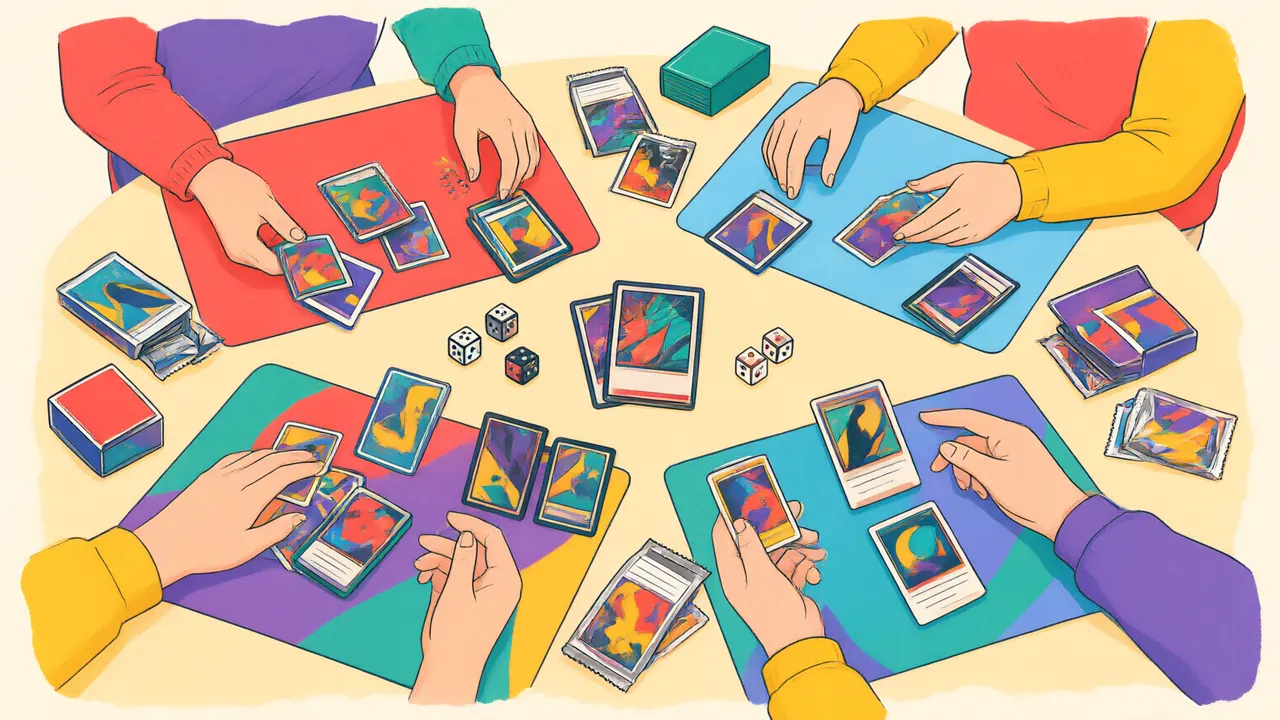 Illustration of a game store table with hands playing cards, dice and deck boxes.